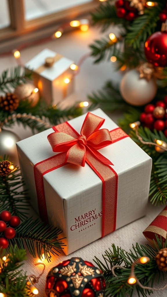 A festive Christmas gift box with decorations, symbolizing unique gift ideas for a boyfriend.